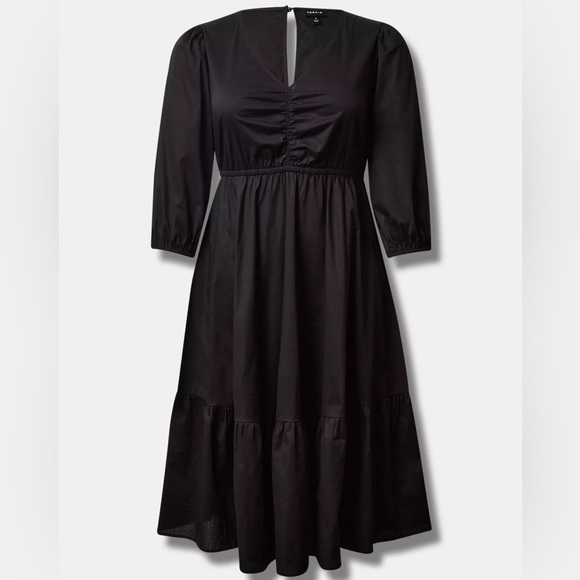 Torrid Midi Poplin Tiered Dress 3X Black NWT Puff Sleeves Elastic Waist - Picture 3 of 10